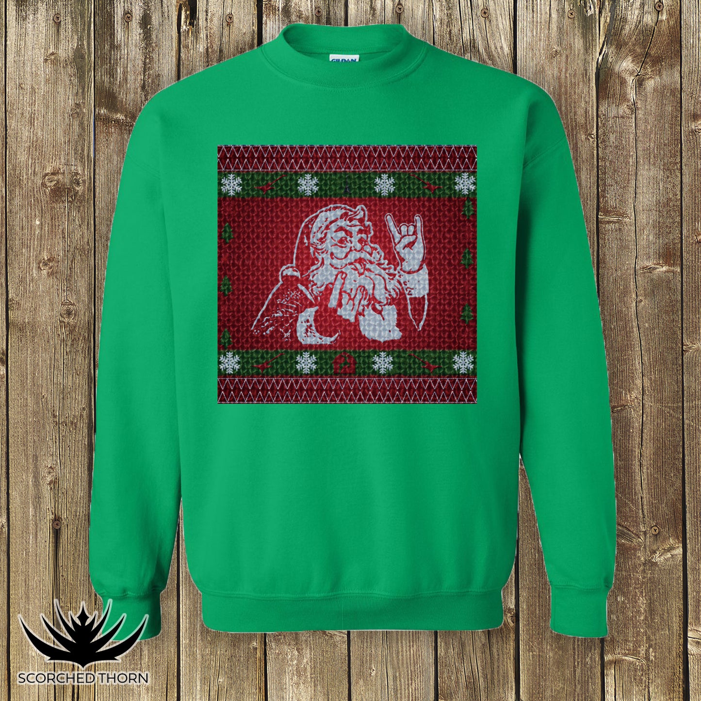 Rocker Santa Ugly Sweater Crewneck Sweatshirt – heavy blend Christmas crewneck with bold metal Santa graphic