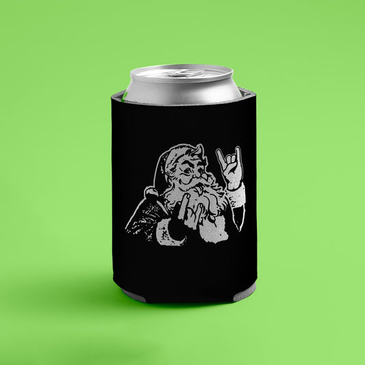 Rocker Santa™ can cooler with Santa flashing the rock hand gesture (black)