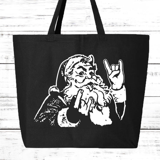 Rocker Santa heavy cotton canvas tote bag with bold Santa rock‑n‑roll graphic