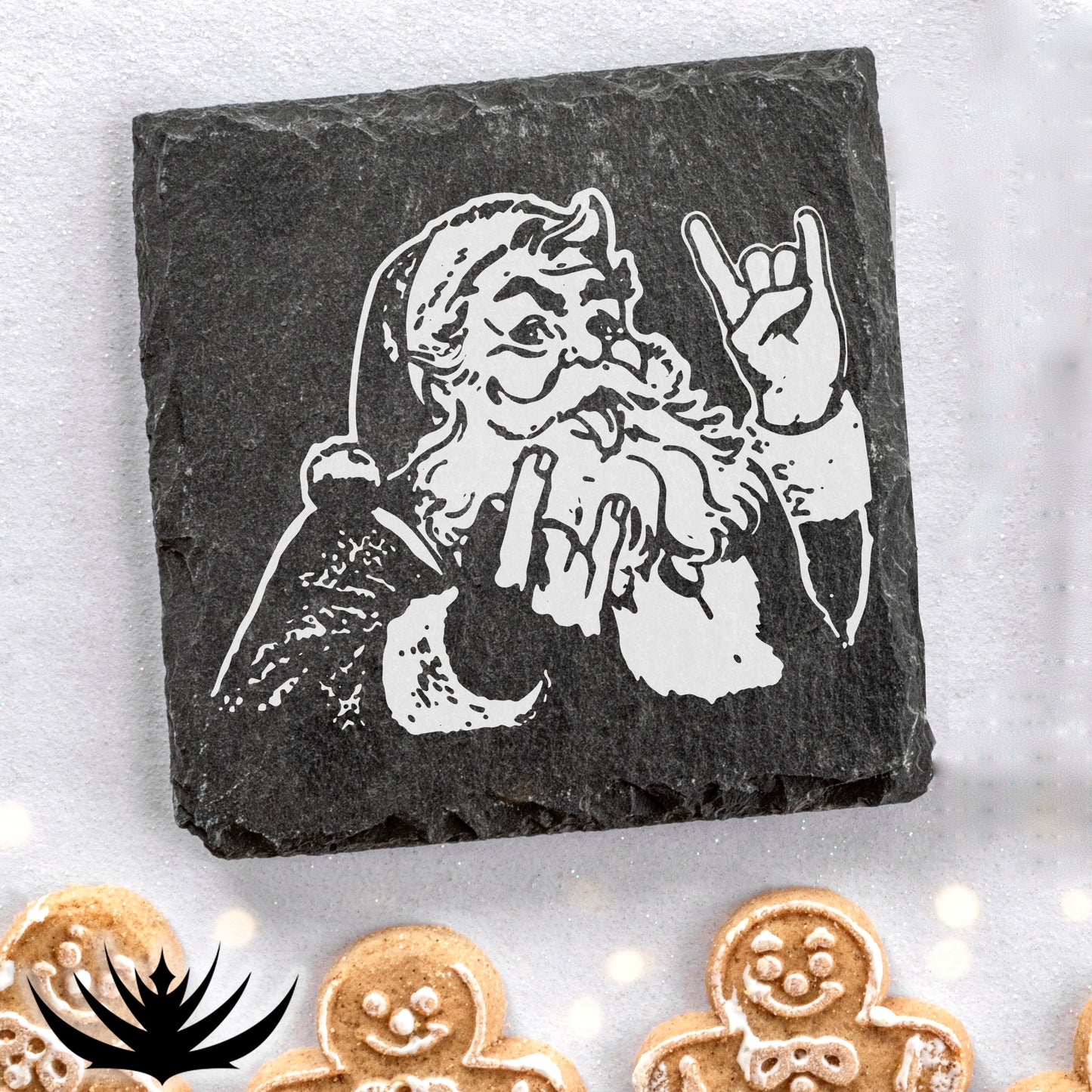 Rocker Santa® printed slate coaster showing Santa rock-on hand