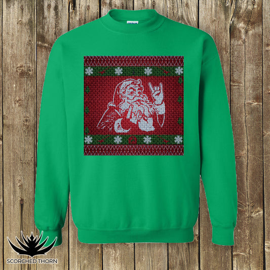 Rocker Santa Ugly Sweater Crewneck Sweatshirt – heavy blend Christmas crewneck with bold metal Santa graphic